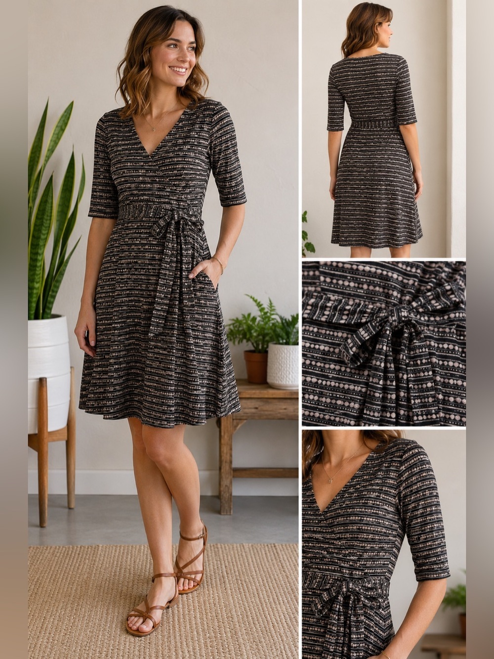 Toad&Co Womens Wrap Cafe Dress Small Black Beige Geometric Tie Waist Midi Boho